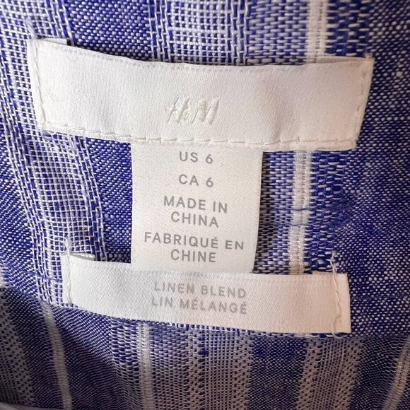 H&M Skirt Size Large Blue & White Linen Blend Striped Faux Buttons Belted Mini - Picture 2 of 16